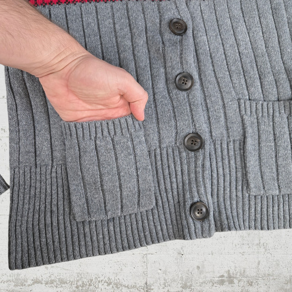 Eddie Bauer Gray Red Fair Isle Cowl Neck Button Up Cardigan Sweater Size Small - Picture 3 of 10